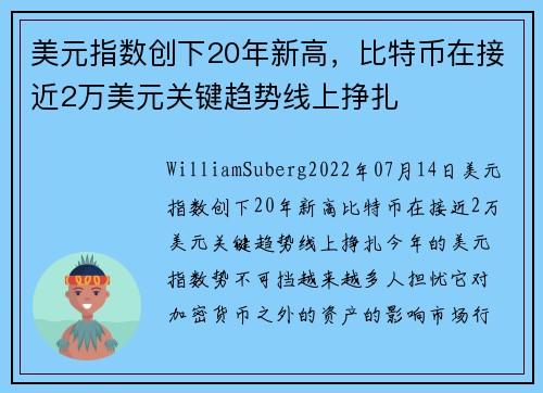 美元指数创下20年新高，比特币在接近2万美元关键趋势线上挣扎 
