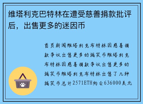 维塔利克巴特林在遭受慈善捐款批评后，出售更多的迷因币